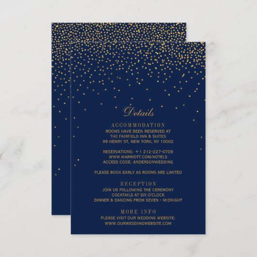 Carte D'accompagnement Mariage Confetti en or bleu marine et glam (Devant / Derrière)