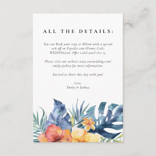 Carte D'accompagnement Mariage d'aquarelle d'été florale tropicale (Devant)