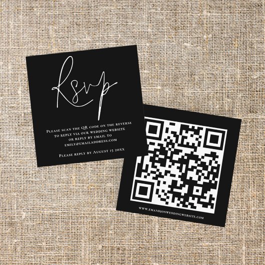 Carte D'accompagnement Mariage de code QR de script blanc noir RSVP Enclô