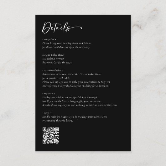 Carte D'accompagnement Mariage de code QR de script noir et blanc moderne (Devant)
