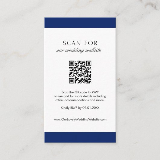 Carte D'accompagnement Mariage de code QR moderne bleu marine minimal (Devant)