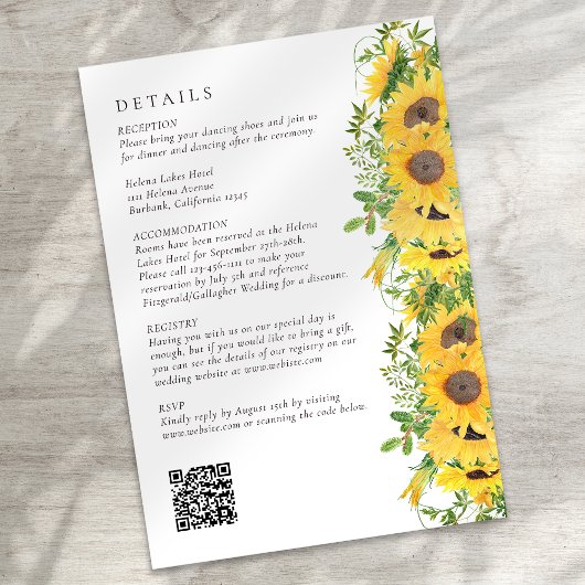 Carte D'accompagnement Mariage de code QR Rustique du tournesol floral