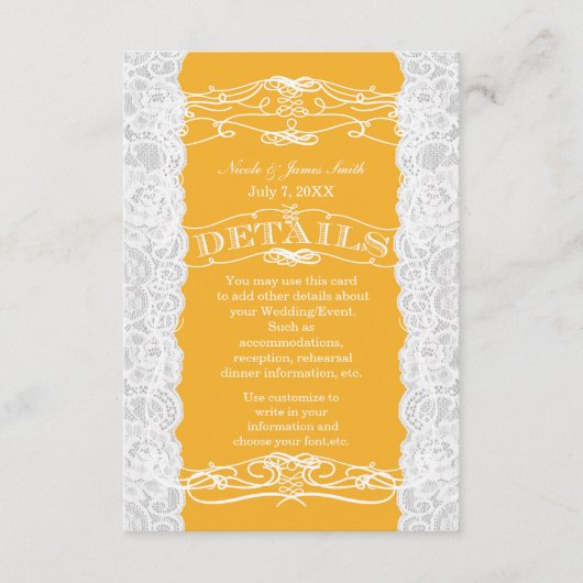 Carte D'accompagnement Mariage de dentelle jaune et blanc informations dé (Devant)