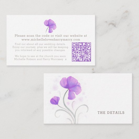 Carte D'accompagnement Mariage de fleurs d'aquarelle violet QR informatio (Devant / Derrière)