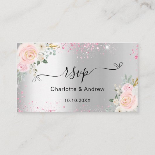 Carte D'accompagnement Mariage de fleurs roses argentées RSVP QR code (Devant)
