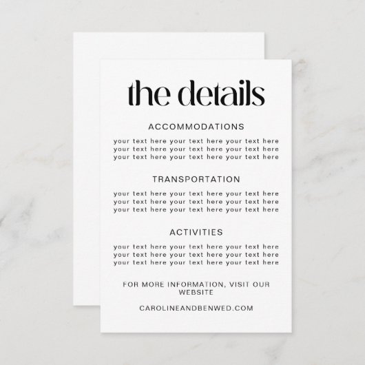 Carte D'accompagnement Mariage de la typographie noire simple Détails Mod (Devant / Derrière)