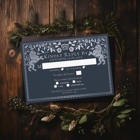 Carte D'accompagnement Mariage de Lion médiéval Bleu Argent RSVP