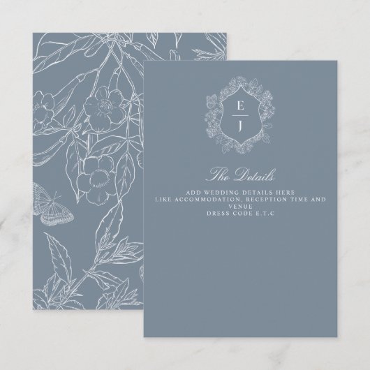 Carte D'accompagnement Mariage de monogramme de crête florale bleu-poussi (Devant / Derrière)