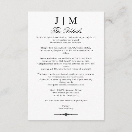 Carte D'accompagnement Mariage de réception en monogramme noir et classiq (Devant)