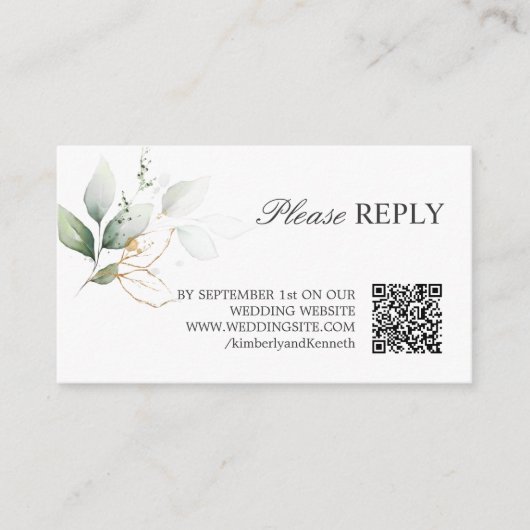 Carte D'accompagnement Mariage de réponse QR CODE Gold Green RSVP (Devant)