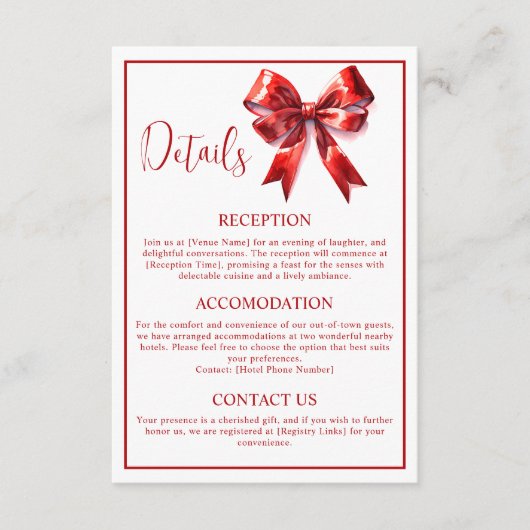 Carte D'accompagnement Mariage de ruban à coquette rouge minimal (Devant)