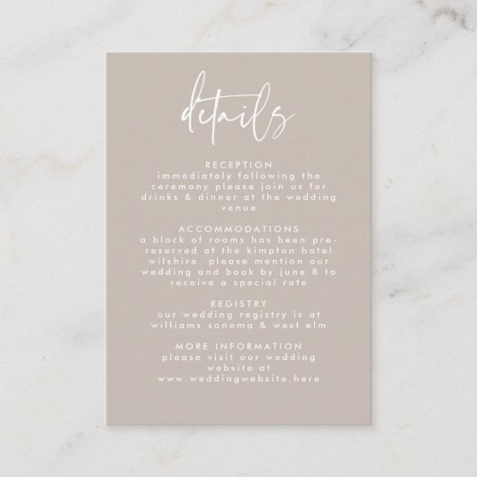 Carte D'accompagnement Mariage de script minimaliste blanc beige (Devant)