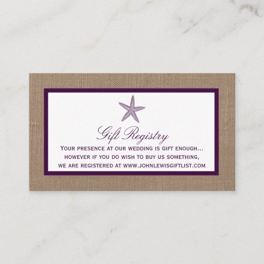Carte D'accompagnement Mariage de Starfish Burlap Beach | Choisissez votr (Devant)