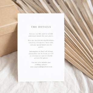 Carte D'accompagnement Mariage de texte élégant de White et Sage Détails