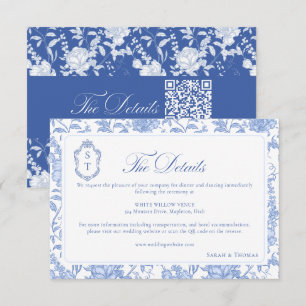 Carte D'accompagnement Mariage Delft Bleu Floral Chinoiserie Monogramme