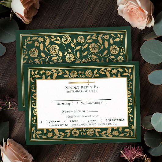 Carte D'accompagnement Mariage d'épée médiévale verte RSVP