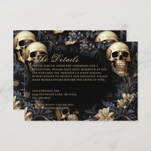 Carte D'accompagnement Mariage des crânes et des fleurs d'or gothique fon (Devant / Derrière)