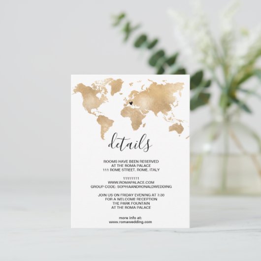 Carte D'accompagnement Mariage Destination World Map Gold Removable Heart (Debout devant)