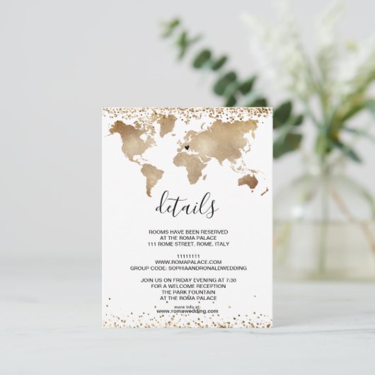 Carte D'accompagnement Mariage Destination World Map Gold Removable Heart (Debout devant)