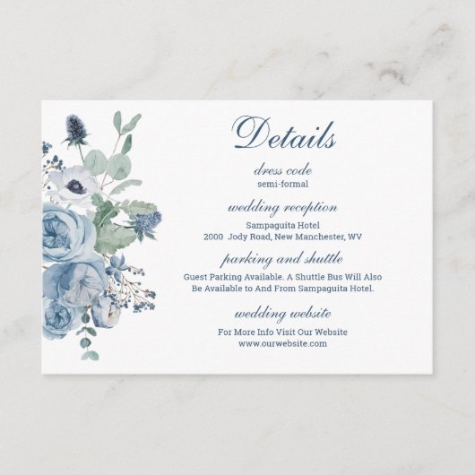 Carte D'accompagnement Mariage Détails Floral Bleu (Devant)