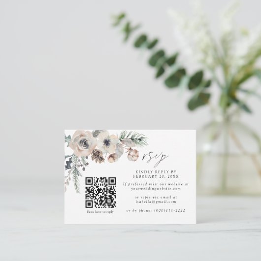 Carte D'accompagnement Mariage d'hiver blanc rustique QR Code Mariage RSV (Debout devant)