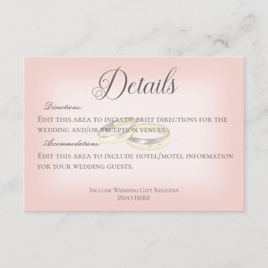 Carte D'accompagnement Mariage d'or anneaux sur le Mariage Blush Détails (Devant)
