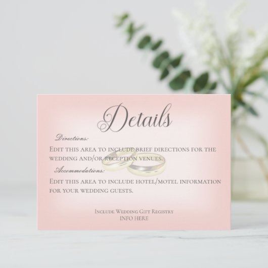 Carte D'accompagnement Mariage d'or anneaux sur le Mariage Blush Détails (Debout devant)