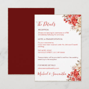 Carte D'accompagnement Mariage Élégant avec des Roses Rouges et Ivoire