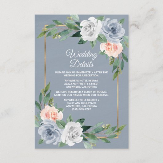 Carte D'accompagnement Mariage Élégant Bleu Poussiéreux Rose Pêche Or (Devant)