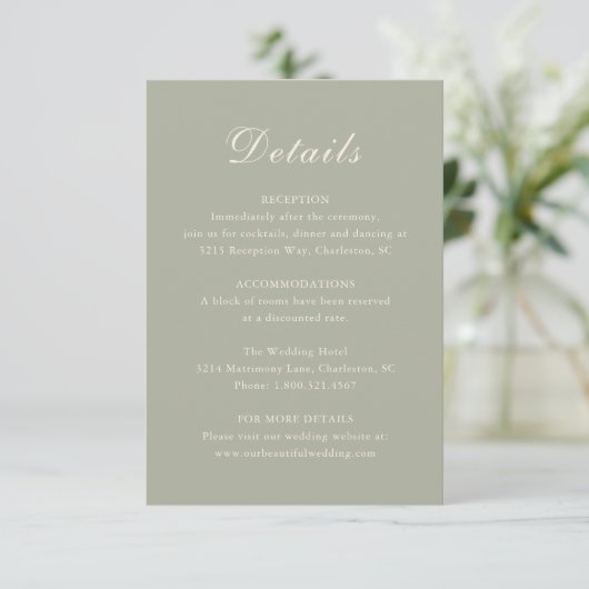 Carte D'accompagnement Mariage élégant classique vert émoussé (Debout devant)