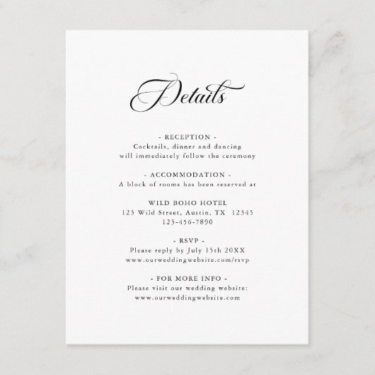 Carte D'accompagnement Mariage élégant et délicat noir & blanc Détails (Devant)