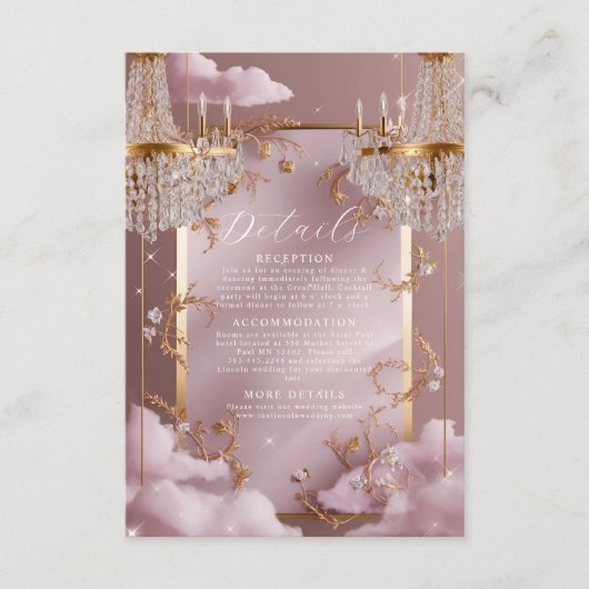 Carte D'accompagnement Mariage élégant lustre rose nuages (Devant)