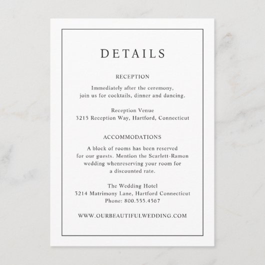 Carte D'accompagnement Mariage élégant noir et blanc intemporel (Devant)