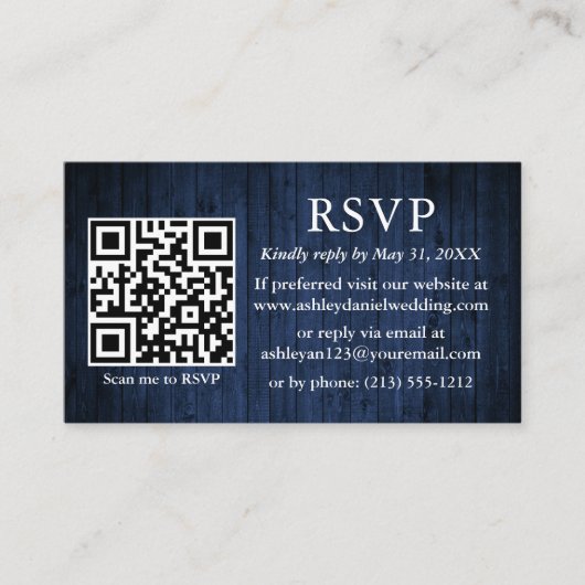 Carte D'accompagnement Mariage en bois bleu rustique QR RSVP (Devant)