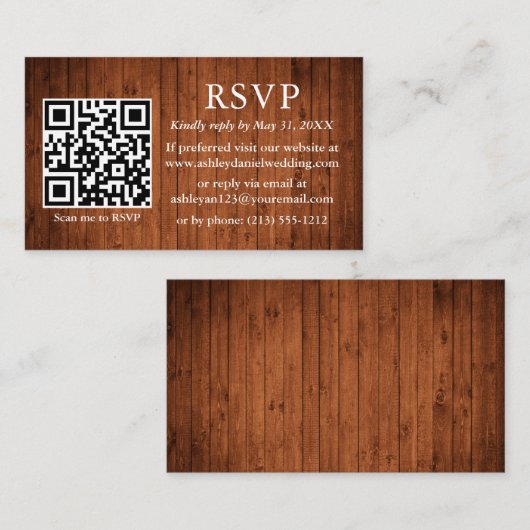 Carte D'accompagnement Mariage en bois rustique QR RSVP (Devant / Derrière)