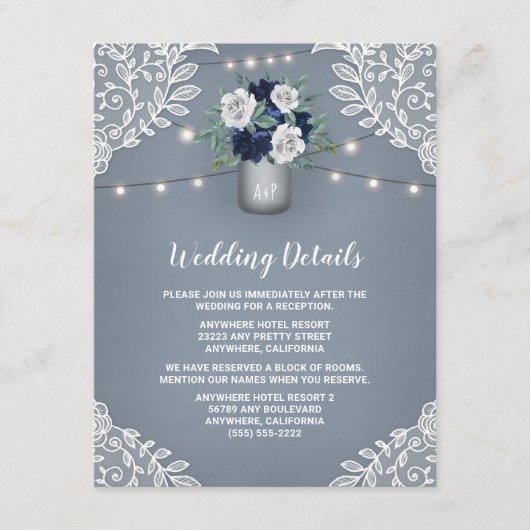 Carte D'accompagnement Mariage en pot Mason avec dentelle blanche et bleu (Devant)