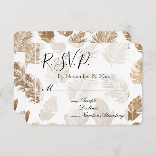 Carte D'accompagnement Mariage Feuille Tropical Or RSVP (Devant / Derrière)