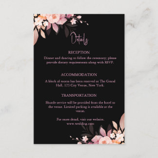 Carte D'accompagnement Mariage Fleur Rose Noir et Blush