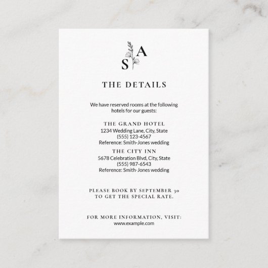 Carte D'accompagnement Mariage Fleur sauvage minimaliste BW Monogram (Devant)