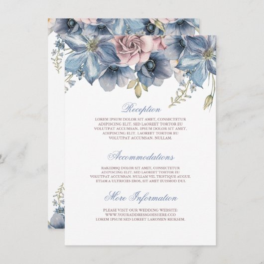 Carte D'accompagnement Mariage floral aquarelle bleu poussiéreux et mauve (Devant / Derrière)