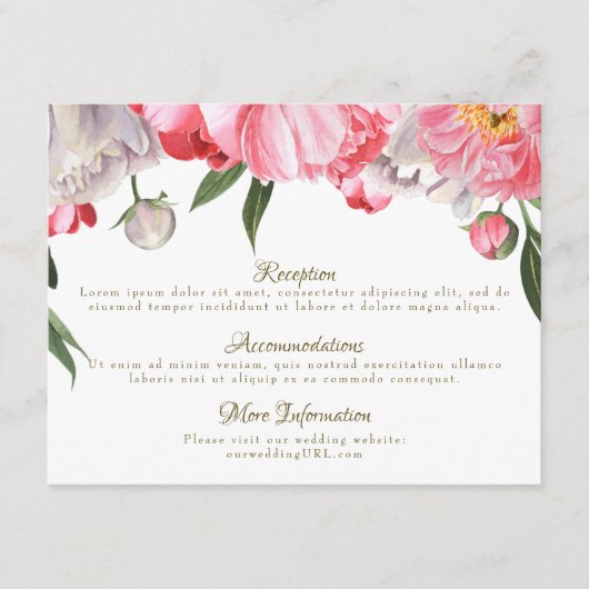 Carte D'accompagnement Mariage floral aquarelle roses et pivoines blanche (Devant)