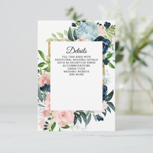 Carte D'accompagnement Mariage Floral Aquarelle Rustique Bleu Marine Rose (Debout devant)