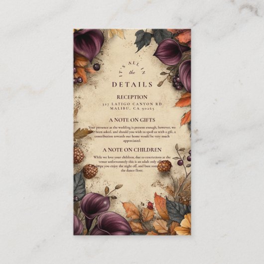 Carte D'accompagnement Mariage Floral Automnal à la Prune Sombre (Devant)