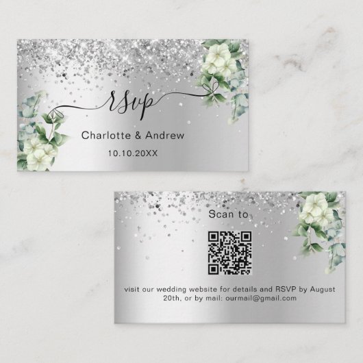 Carte D'accompagnement Mariage floral blanc argenté site web RSVP QR code (Devant / Derrière)