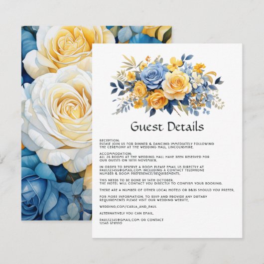 Carte D'accompagnement Mariage Floral bleu et or Détails de l'invité (Devant / Derrière)