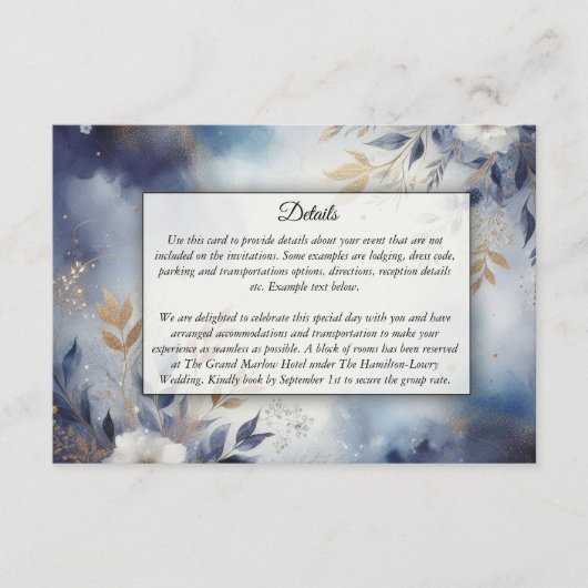 Carte D'accompagnement Mariage floral bleu marine et or (Devant)