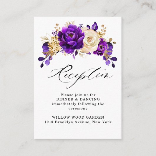 Carte D'accompagnement Mariage floral botanique violet or royal (Devant)