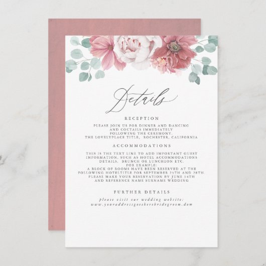 Carte D'accompagnement Mariage floral Dusty Rose (Devant / Derrière)