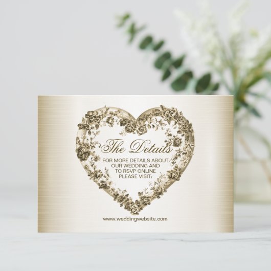 Carte D'accompagnement Mariage Floral Golden Ornate Heart Frame Élégant (Debout devant)