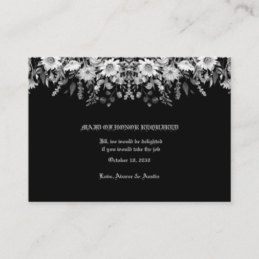 Carte D'accompagnement Mariage floral noir blanc Maid of Honor (Devant)